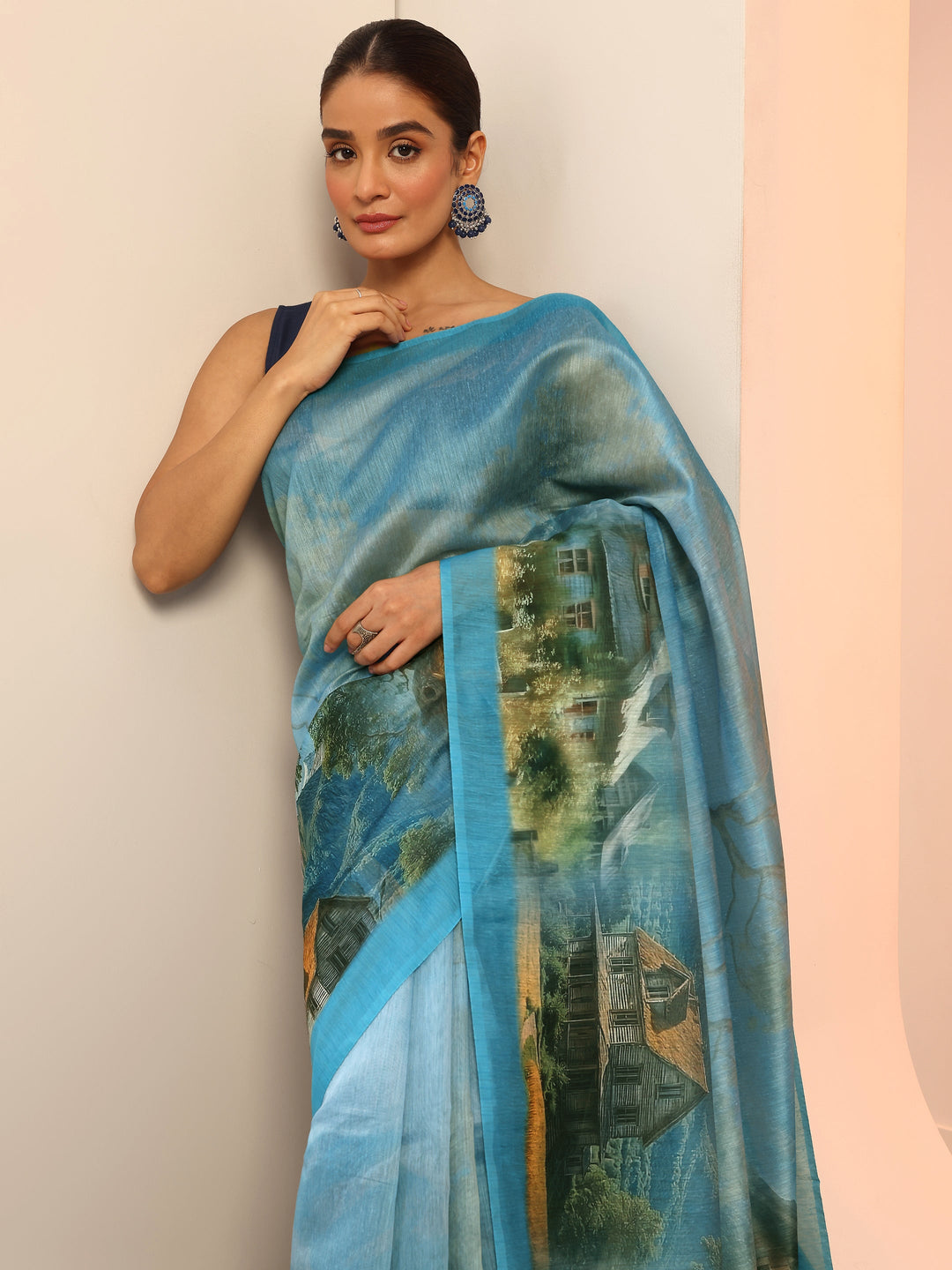  Blue Printed Silk Saree With Unstitched Blouse Piece 