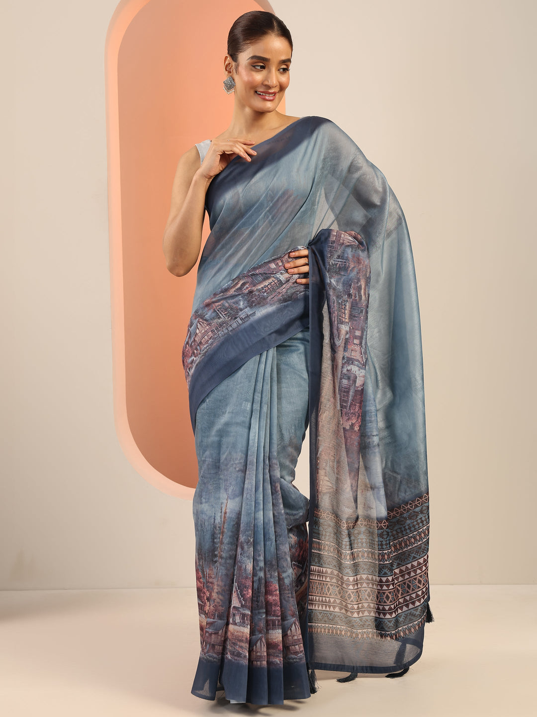  Blue Printed Silk Saree With Unstitched Blouse Piece 