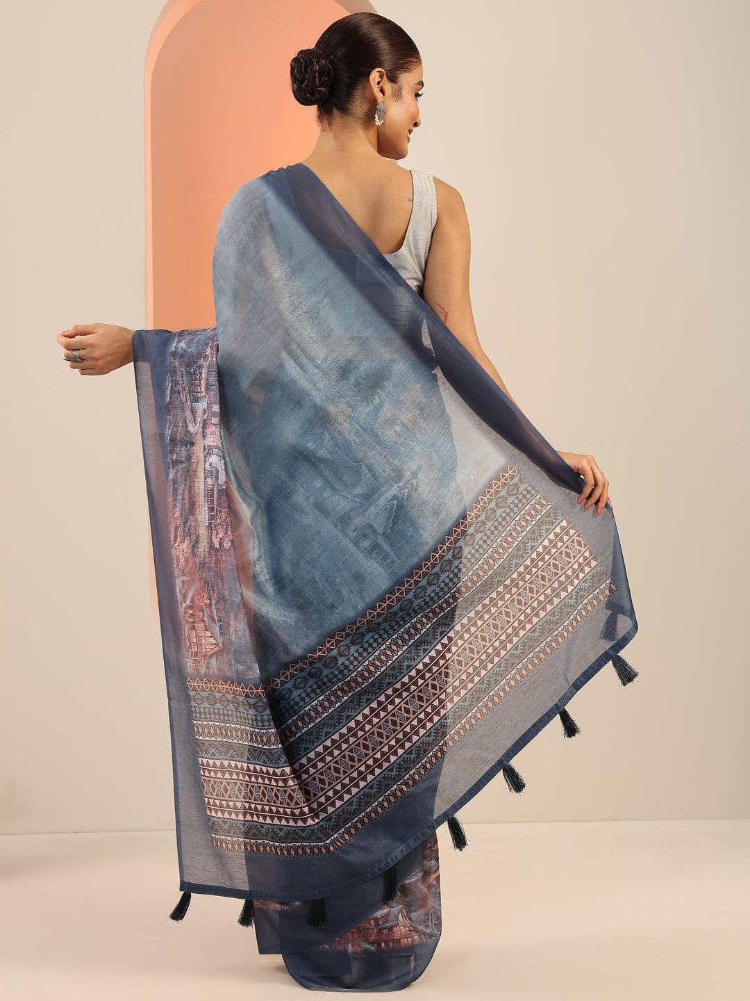  Blue Printed Silk Saree With Unstitched Blouse Piece 