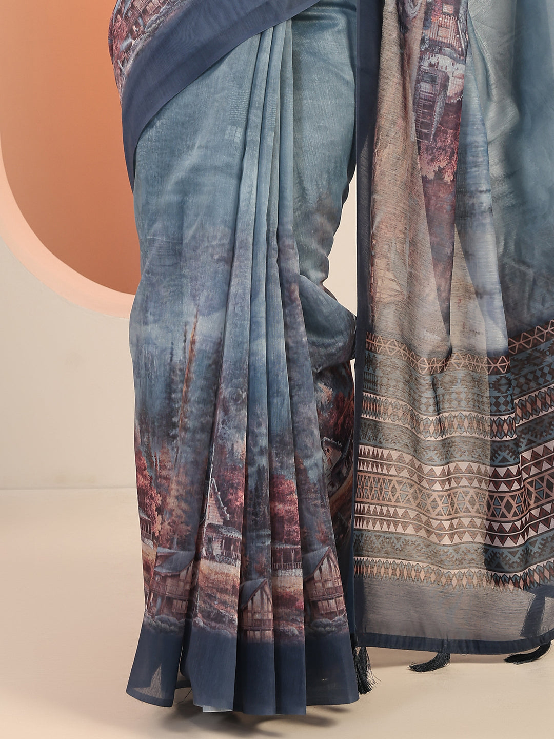  Blue Printed Silk Saree With Unstitched Blouse Piece 