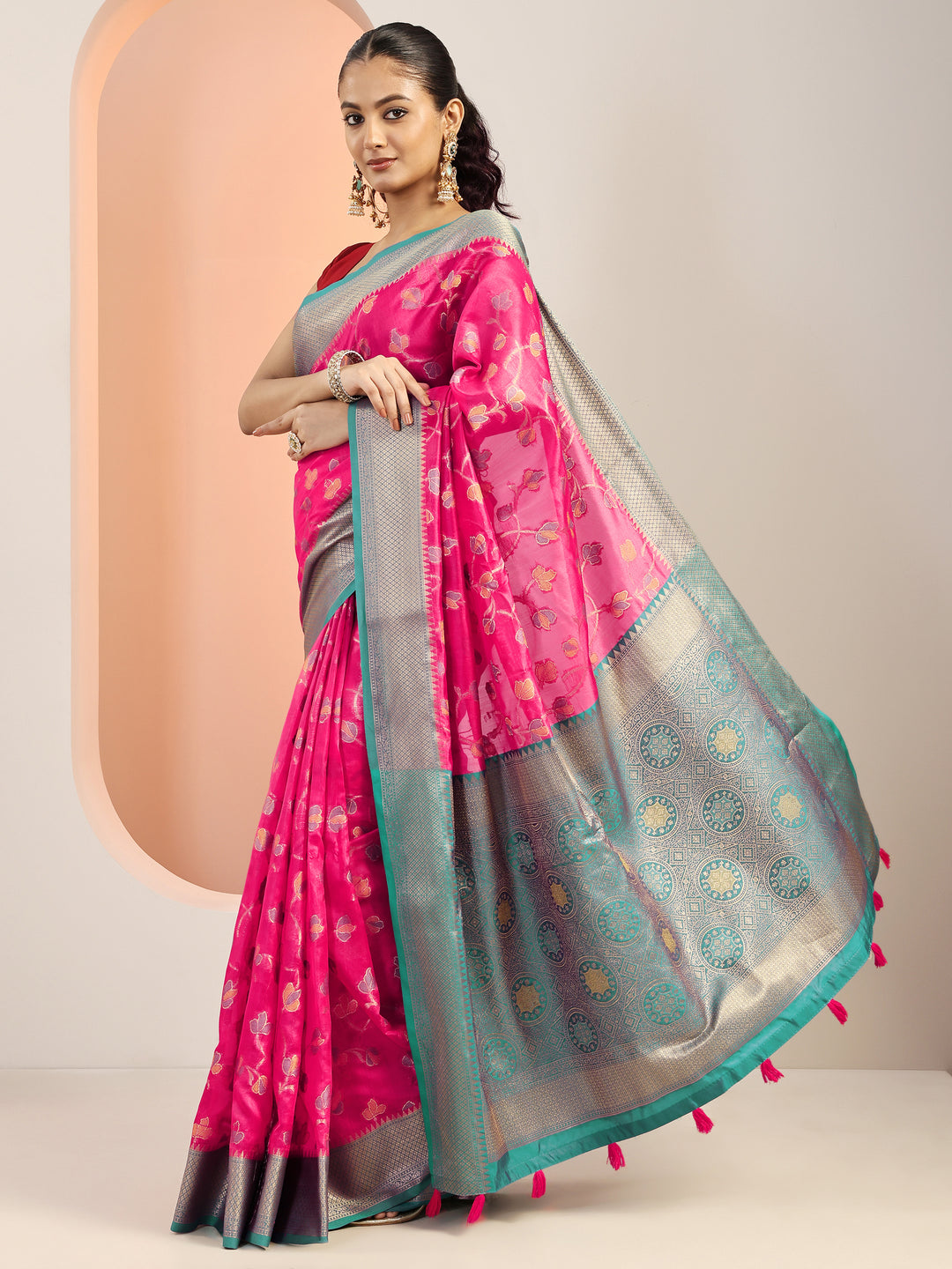  Pink Woven Design Silk Blend Saree With Unstitched Blouse Piece 