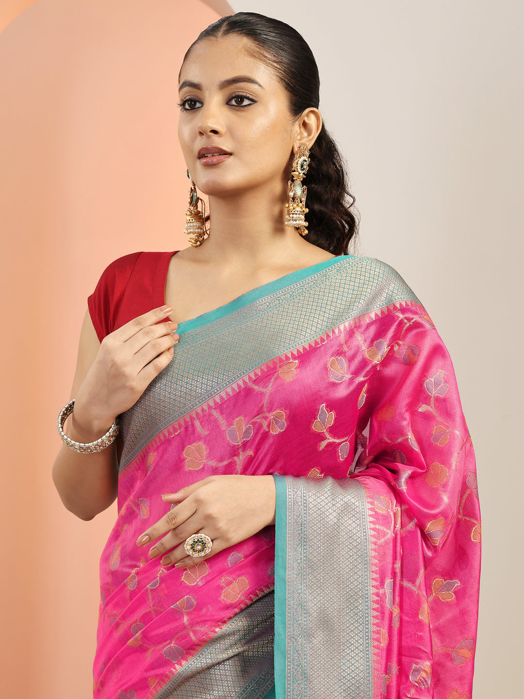  Pink Woven Design Silk Blend Saree With Unstitched Blouse Piece 