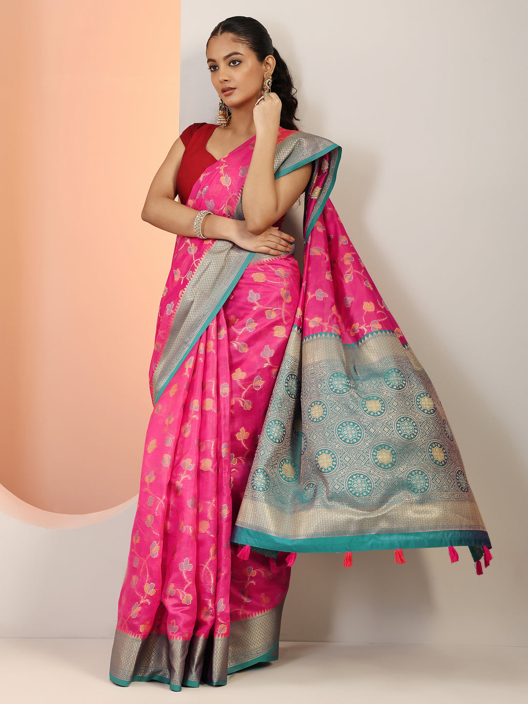  Pink Woven Design Silk Blend Saree With Unstitched Blouse Piece 
