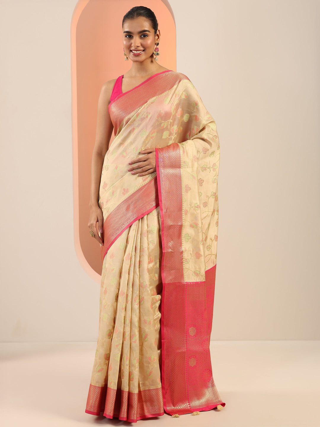  Beige Woven Design Silk Saree With Unstitched Blouse Piece 