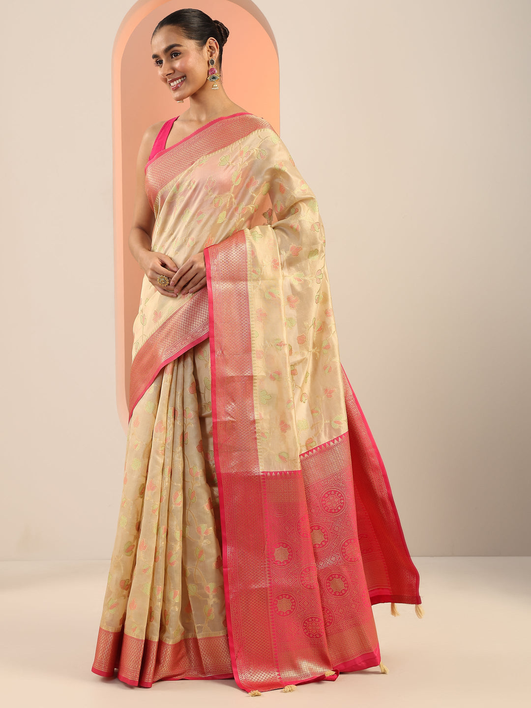 Beige Woven Design Silk Saree With Unstitched Blouse Piece 