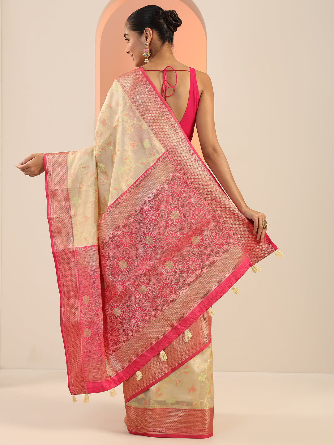  Beige Woven Design Silk Saree With Unstitched Blouse Piece 