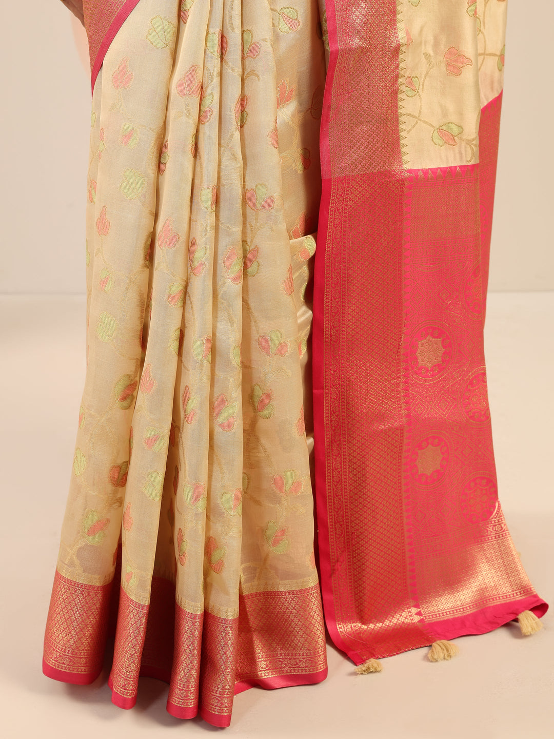  Beige Woven Design Silk Saree With Unstitched Blouse Piece 