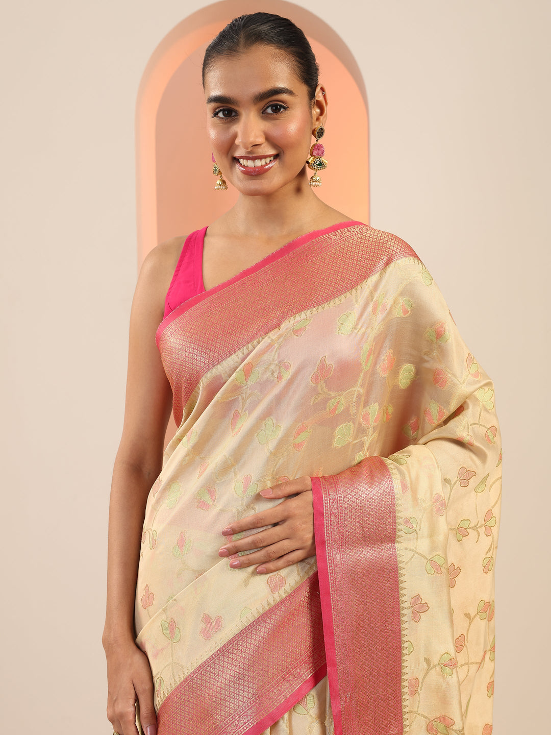  Beige Woven Design Silk Saree With Unstitched Blouse Piece 