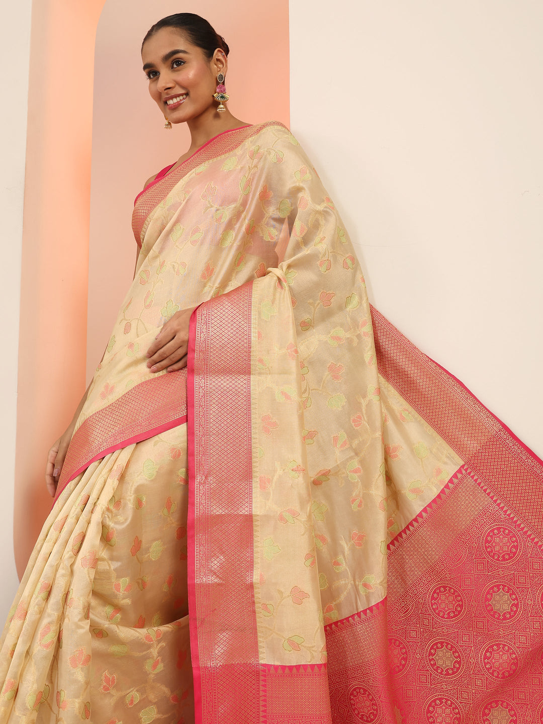  Beige Woven Design Silk Saree With Unstitched Blouse Piece 