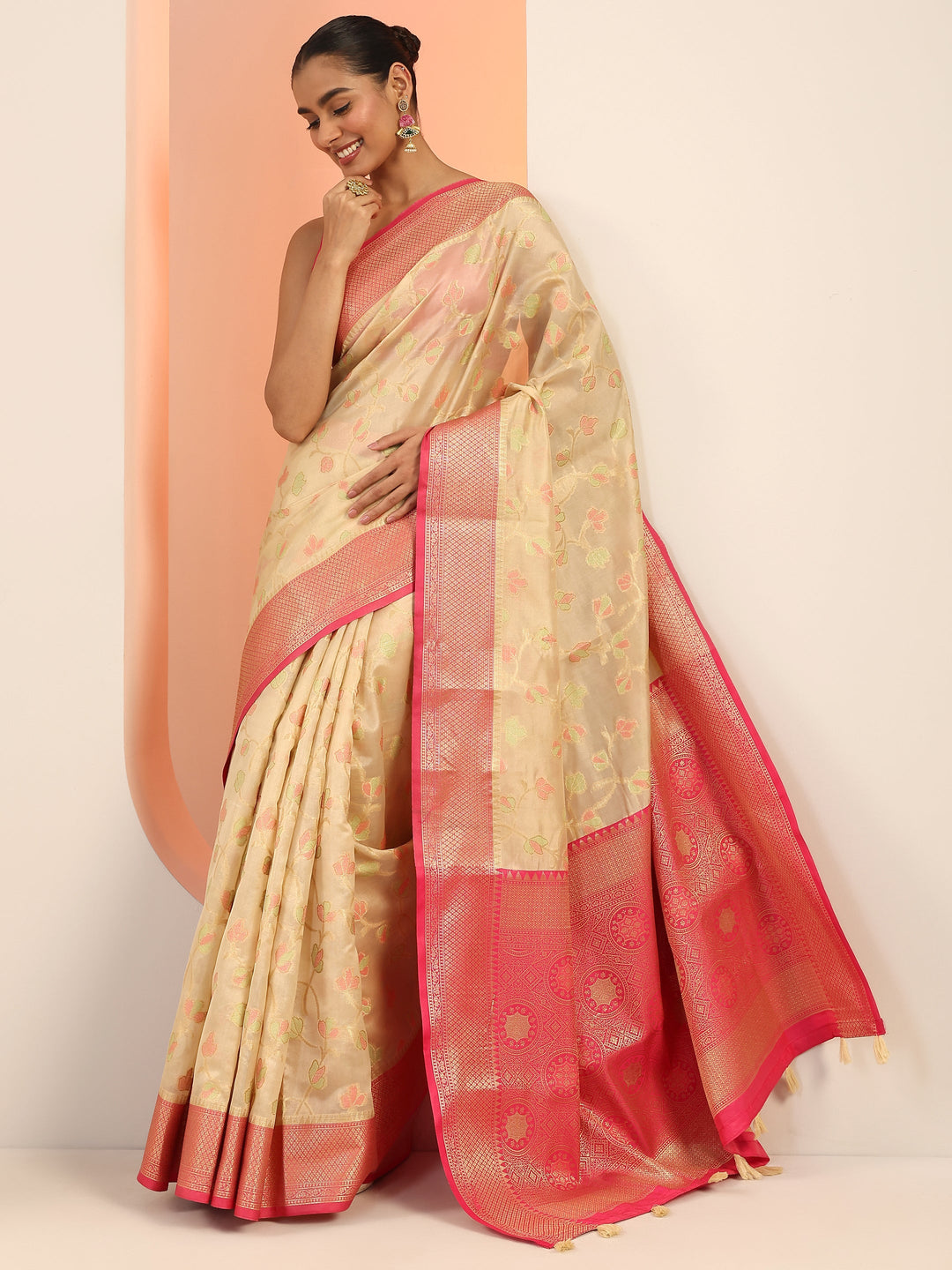 Beige Woven Design Silk Saree With Unstitched Blouse Piece