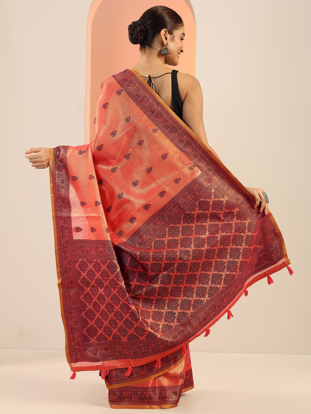  Peach Woven Design Silk Saree With Unstitched Blouse Piece 