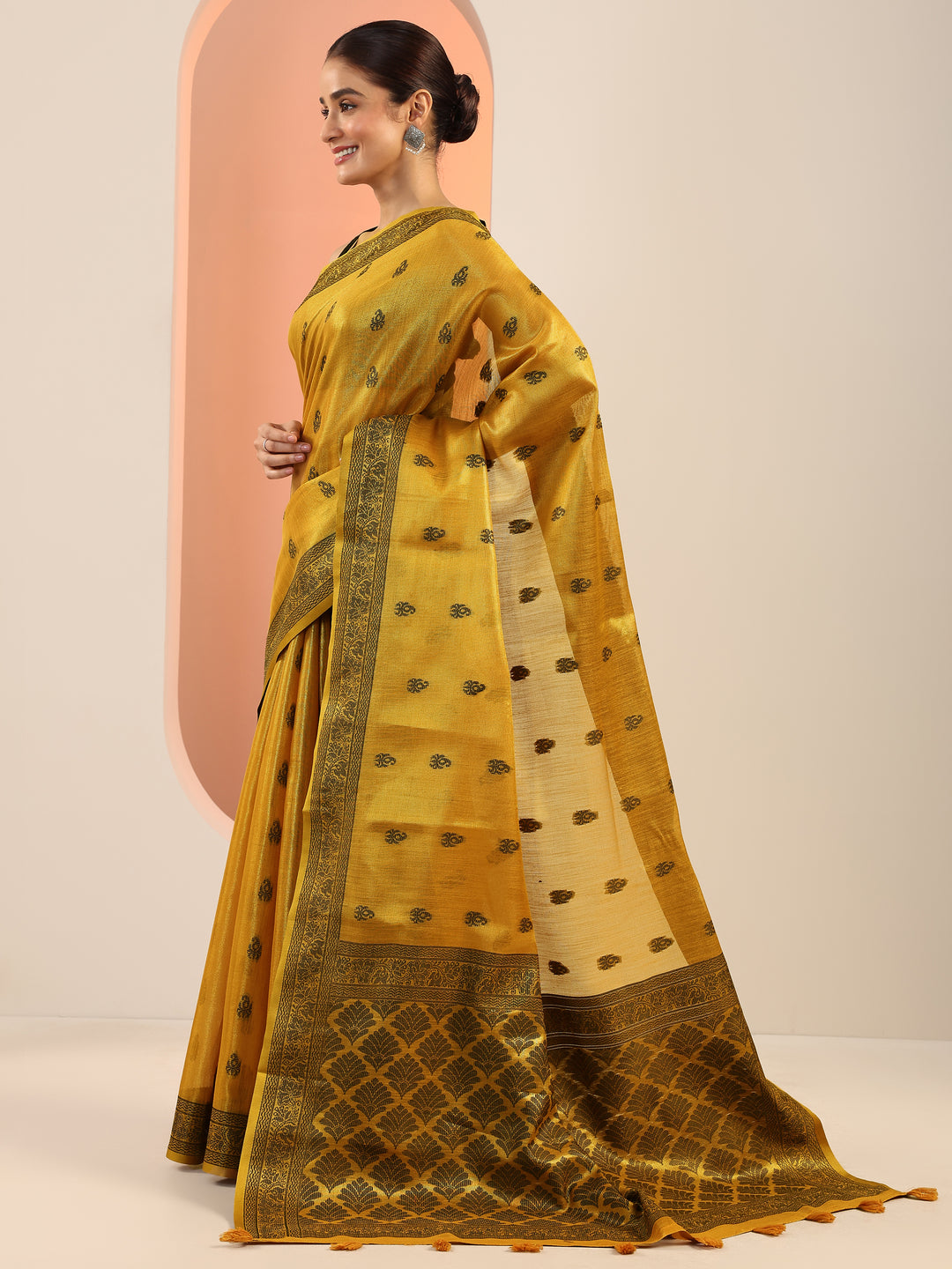  Mustard Embellished Silk Blend Saree With Unstitched Blouse Piece 