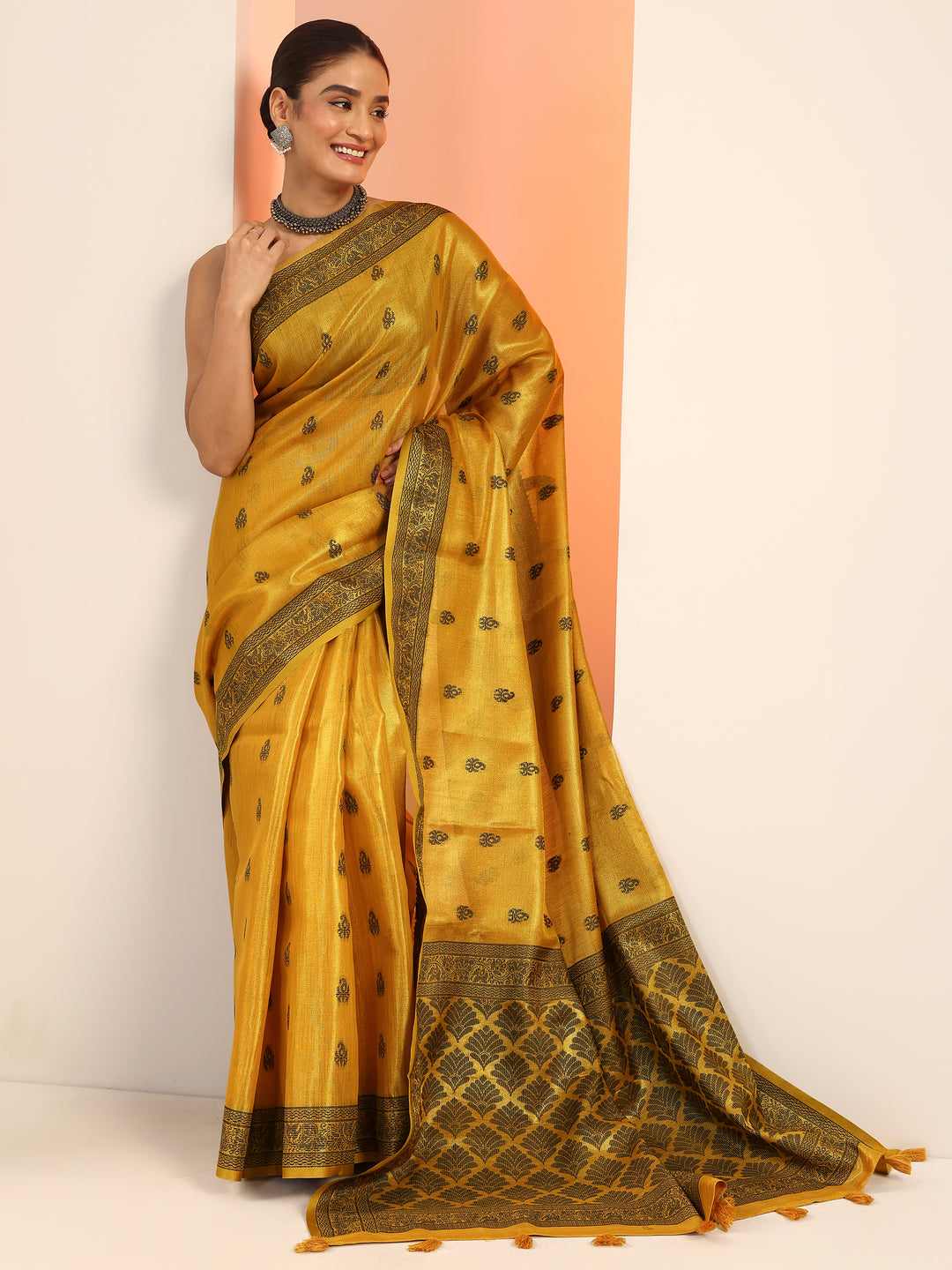  Mustard Embellished Silk Blend Saree With Unstitched Blouse Piece 