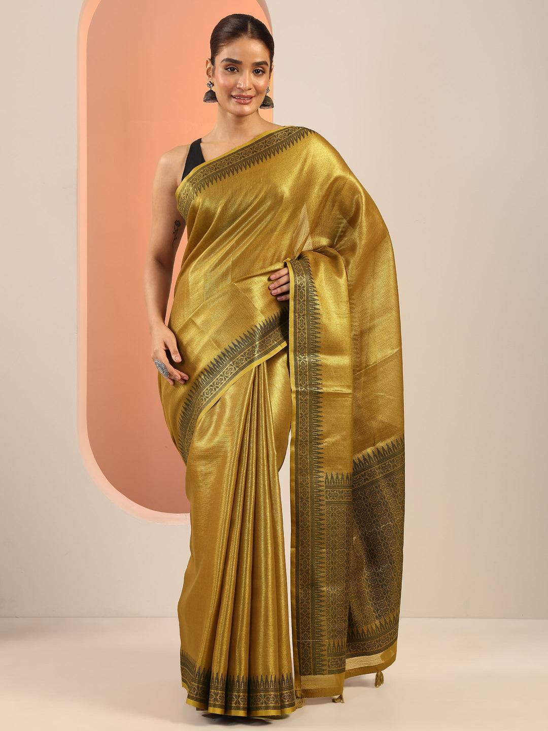  Gold Solid Silk Saree With Unstitched Blouse Piece 