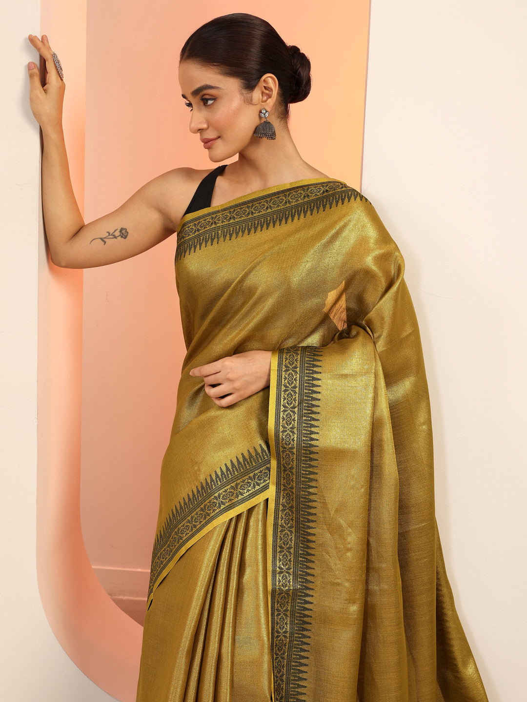  Gold Solid Silk Saree With Unstitched Blouse Piece 