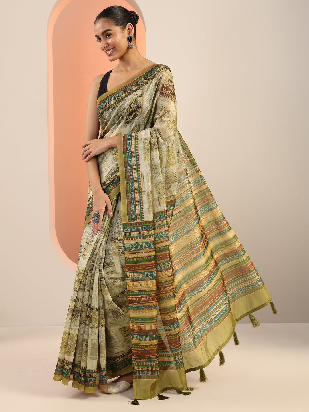  Olive Printed Silk Saree With Unstitched Blouse Piece 