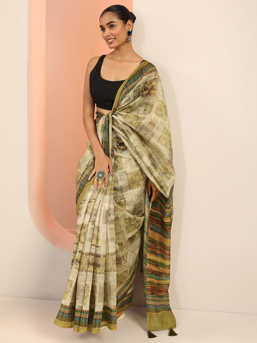  Olive Printed Silk Saree With Unstitched Blouse Piece 