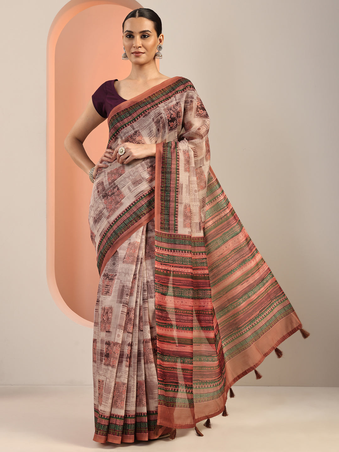  Rust Printed Silk Blend Saree With Unstitched Blouse Piece 