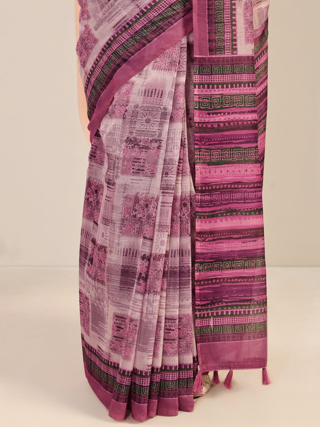  Mauve Printed Silk Blend Saree With Unstitched Blouse Piece 