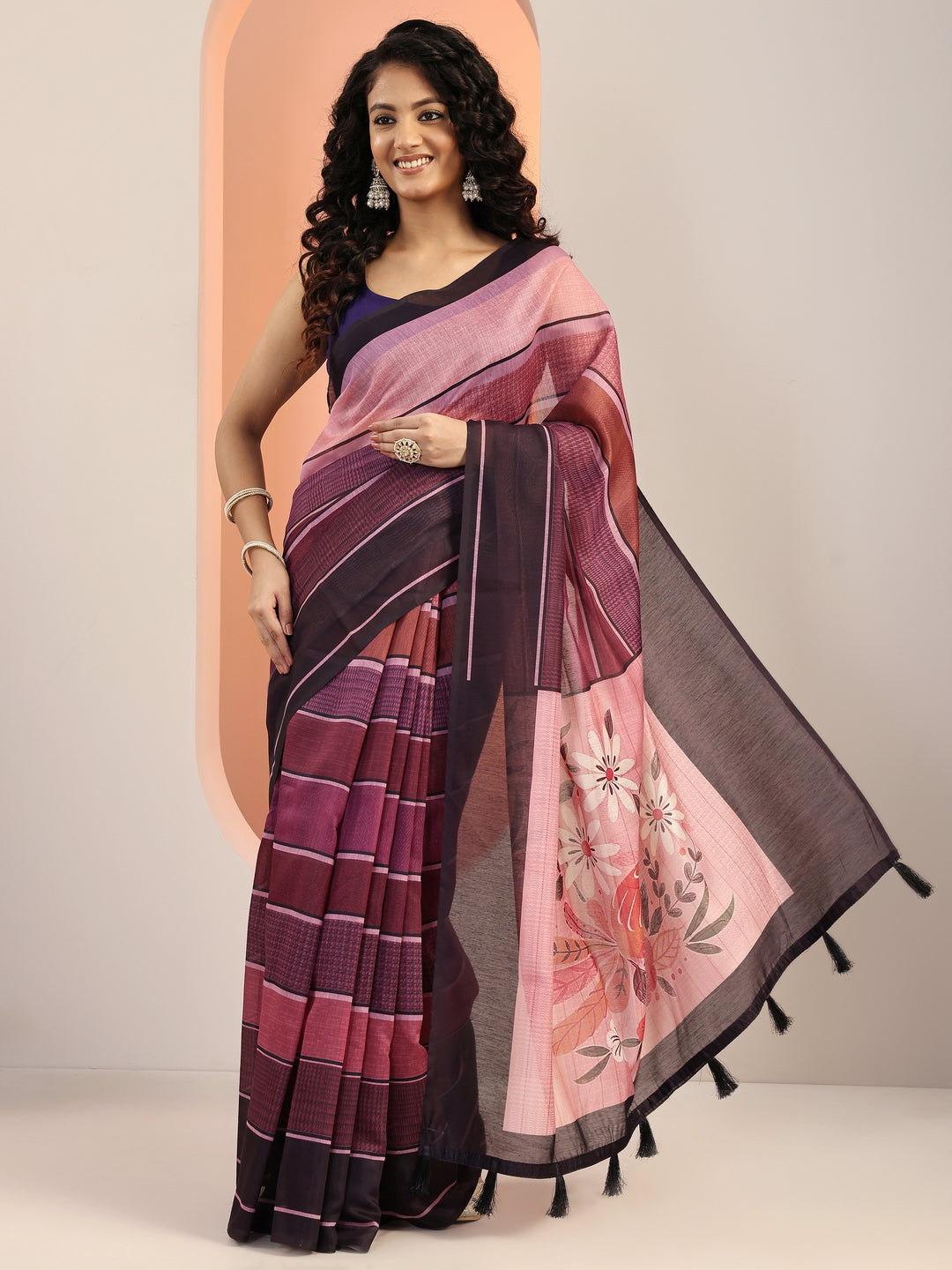  Mauve Printed Silk Blend Saree With Unstitched Blouse Piece 
