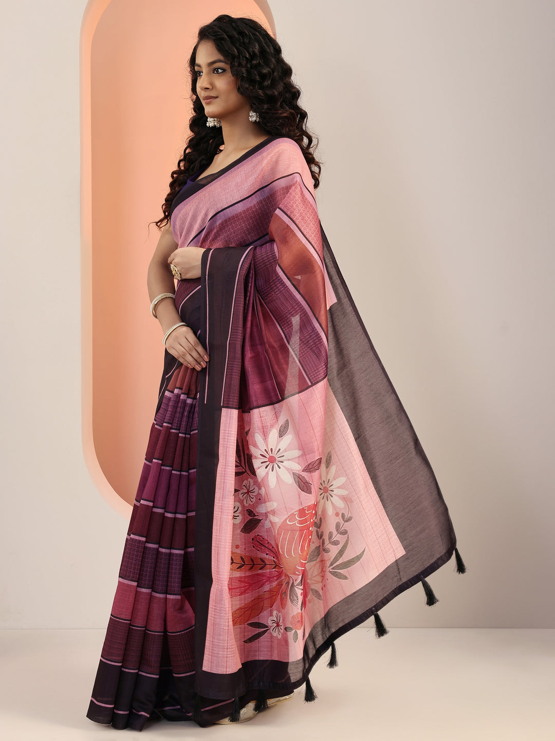  Mauve Printed Silk Blend Saree With Unstitched Blouse Piece 