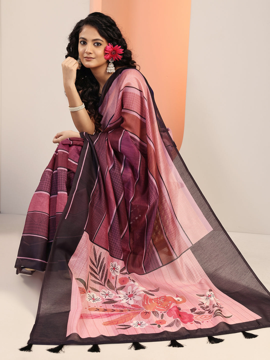  Mauve Printed Silk Blend Saree With Unstitched Blouse Piece 