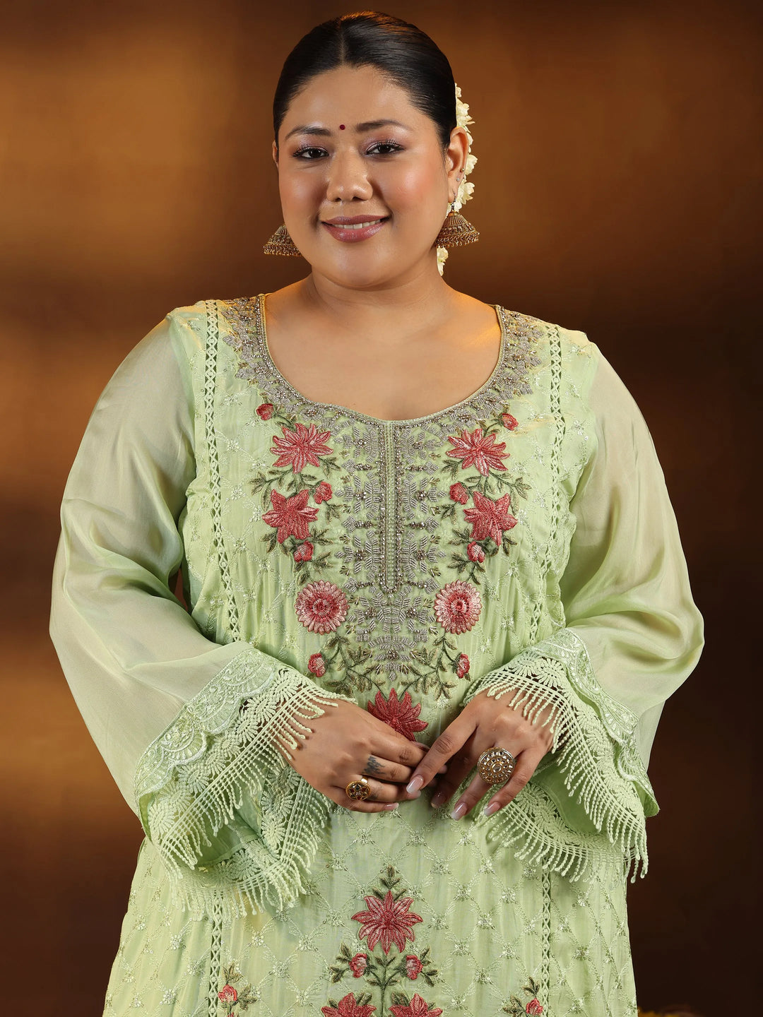  Plus Size Green Embroidered Organza Straight Suit With Dupatta 