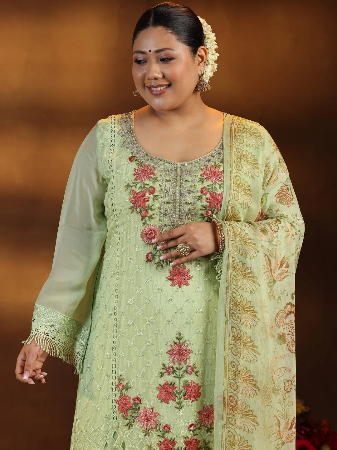  Plus Size Green Embroidered Organza Straight Suit With Dupatta 