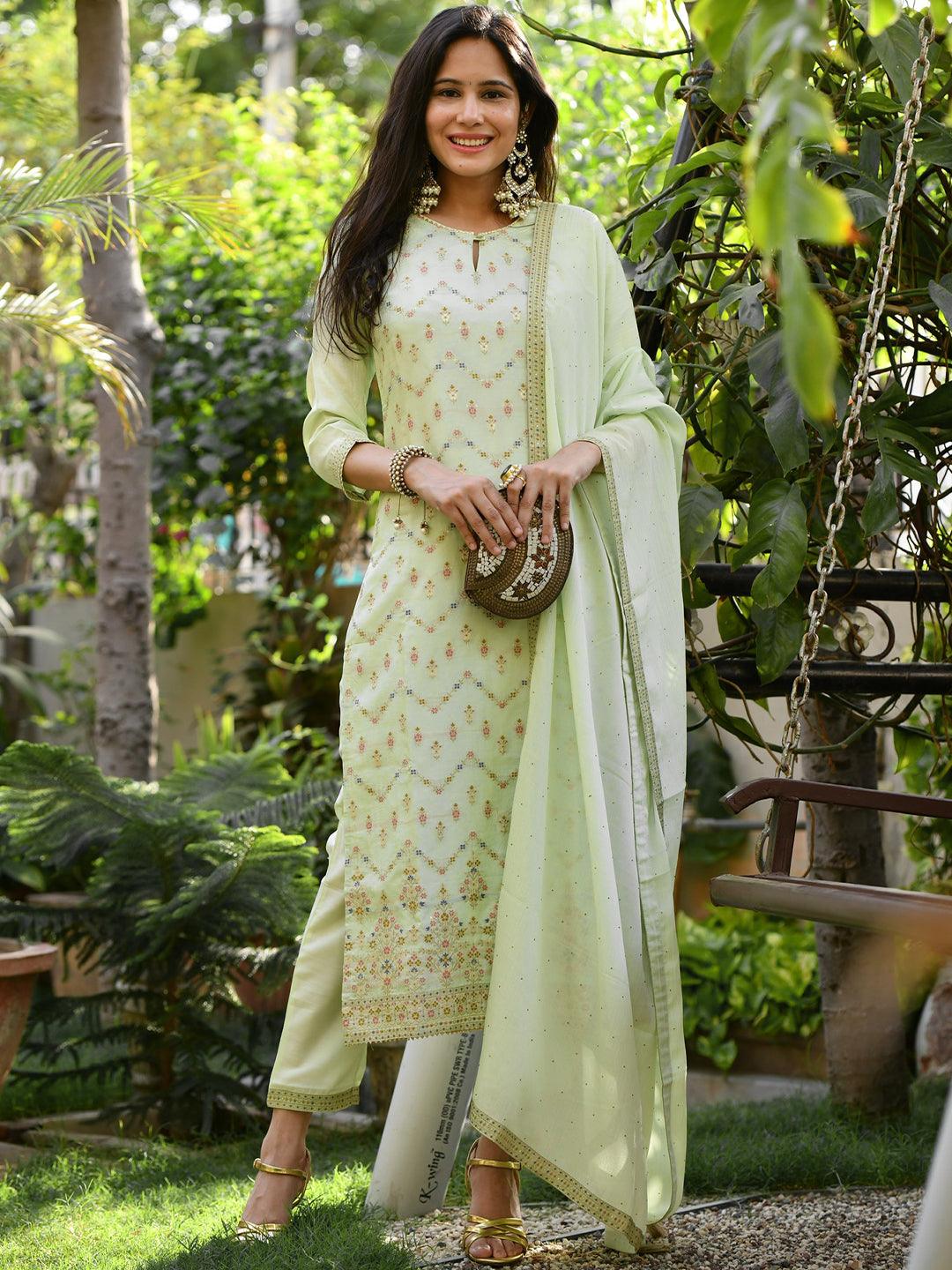 Green Woven Design Silk Straight Kurta With Dupatta - Libas