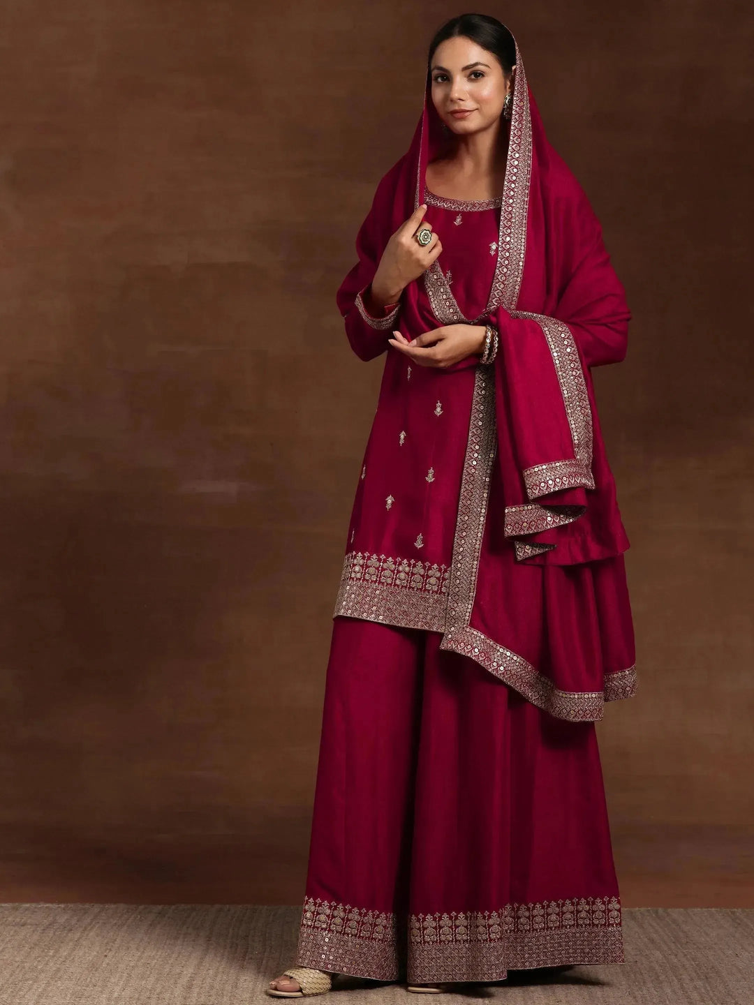 Pink Embroidered Silk Blend Straight Suit With Dupatta - Libas 