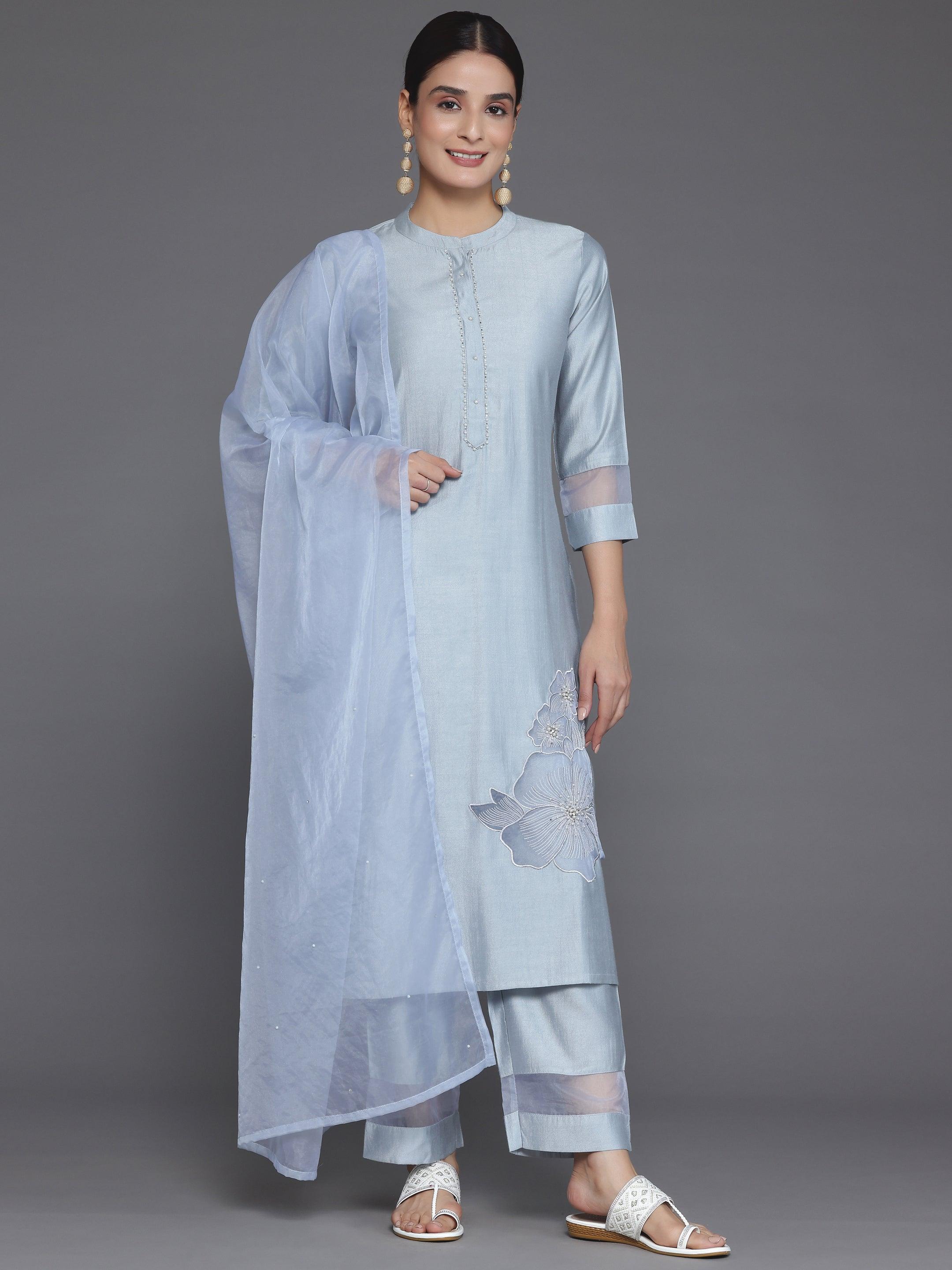 Grey Solid Silk Blend Straight Suit With Dupatta