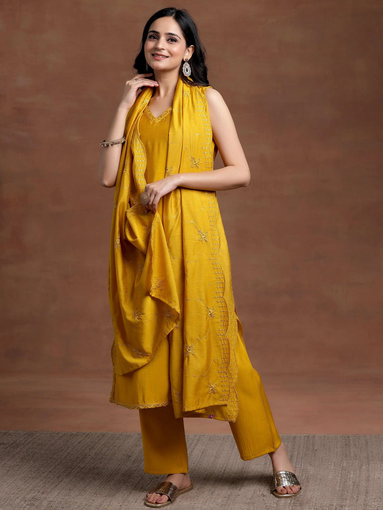 Gerua Mustard Solid Silk Blend Straight Suit With Dupatta