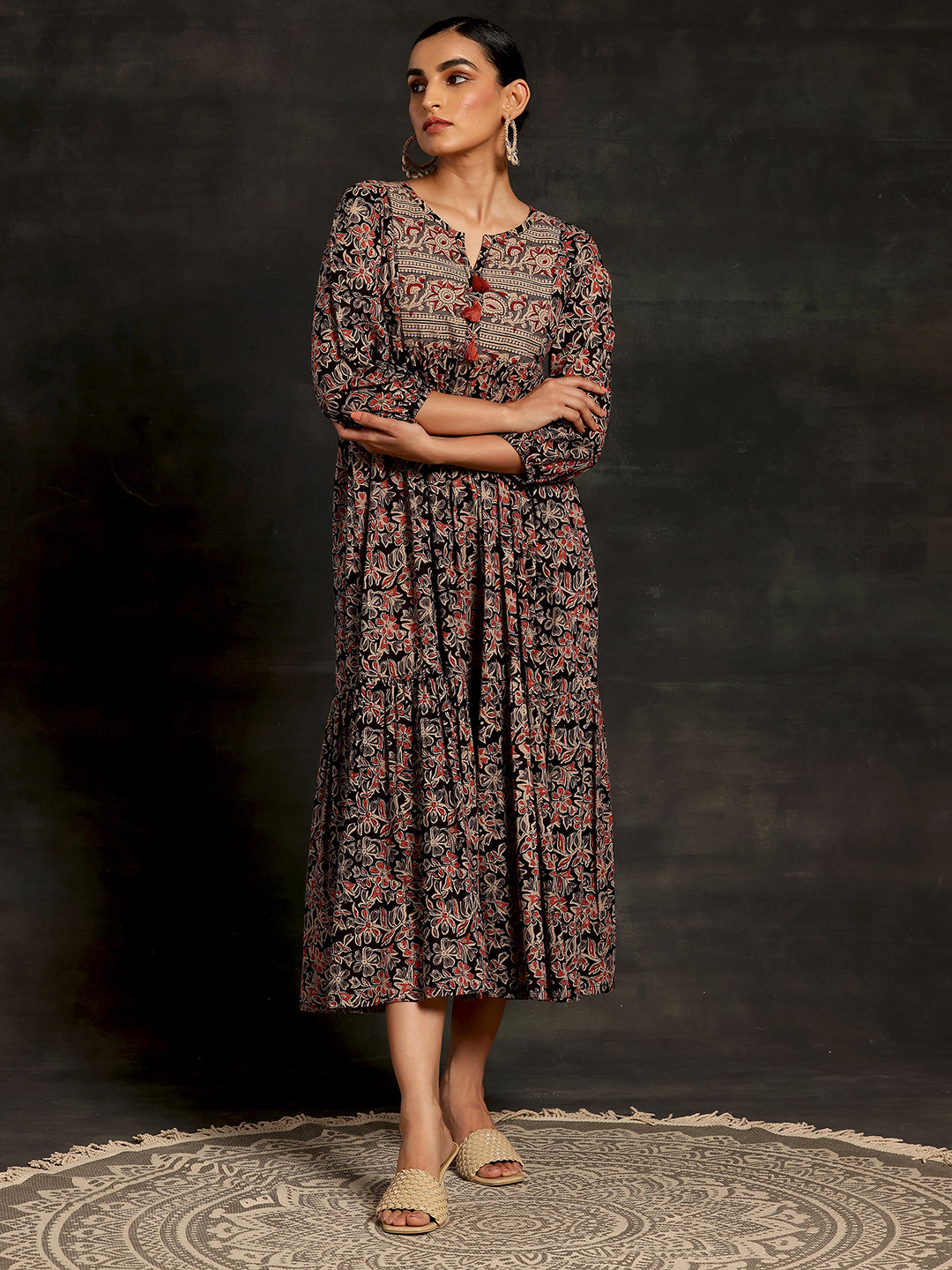 Black Printed Cotton A-Line Dress