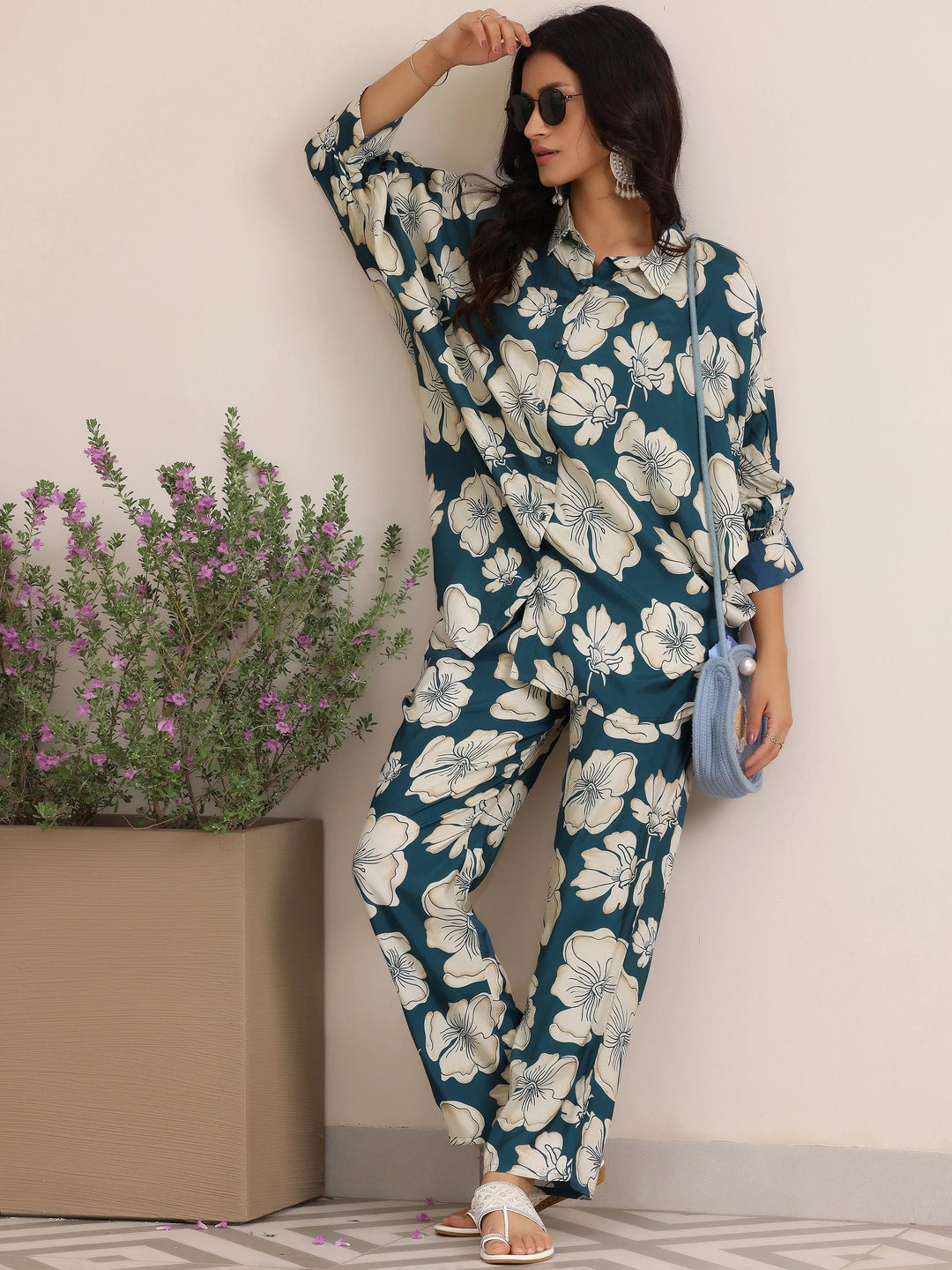  Blue Printed Silk Blend Co-Ords 