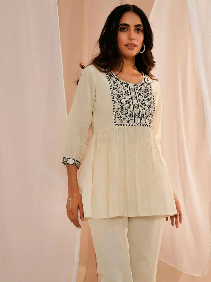 Off White Yoke Design Cotton A-Line Kurti - Libas