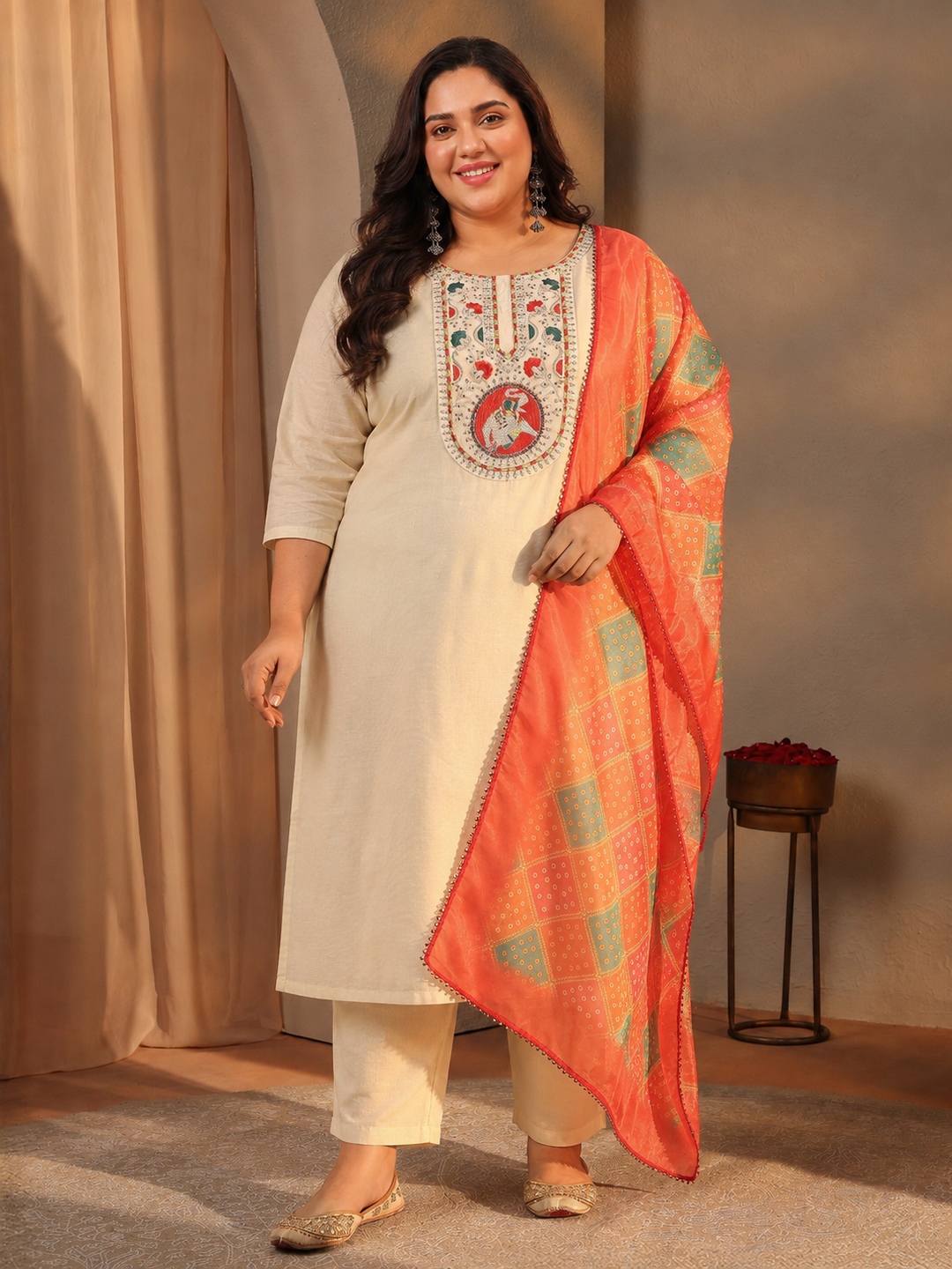  Plus Size Off White Ethnic Motif Printed Chanderi Silk Straight Suit Set 