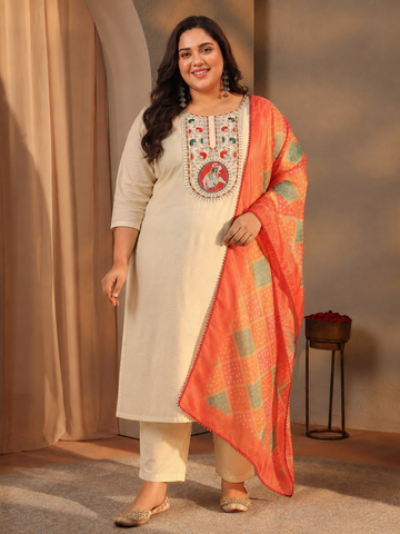 Plus Size Off White Ethnic Motif Printed Chanderi Silk Straight Suit Set