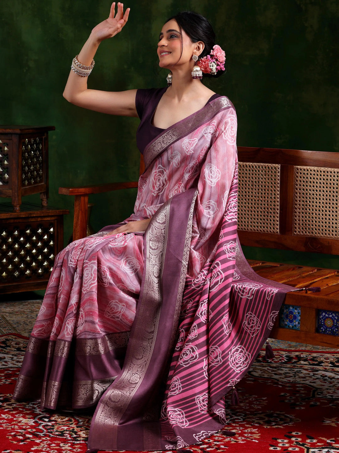 Mauve Printed Silk Blend Saree With Unstitched Blouse Piece - Libas 