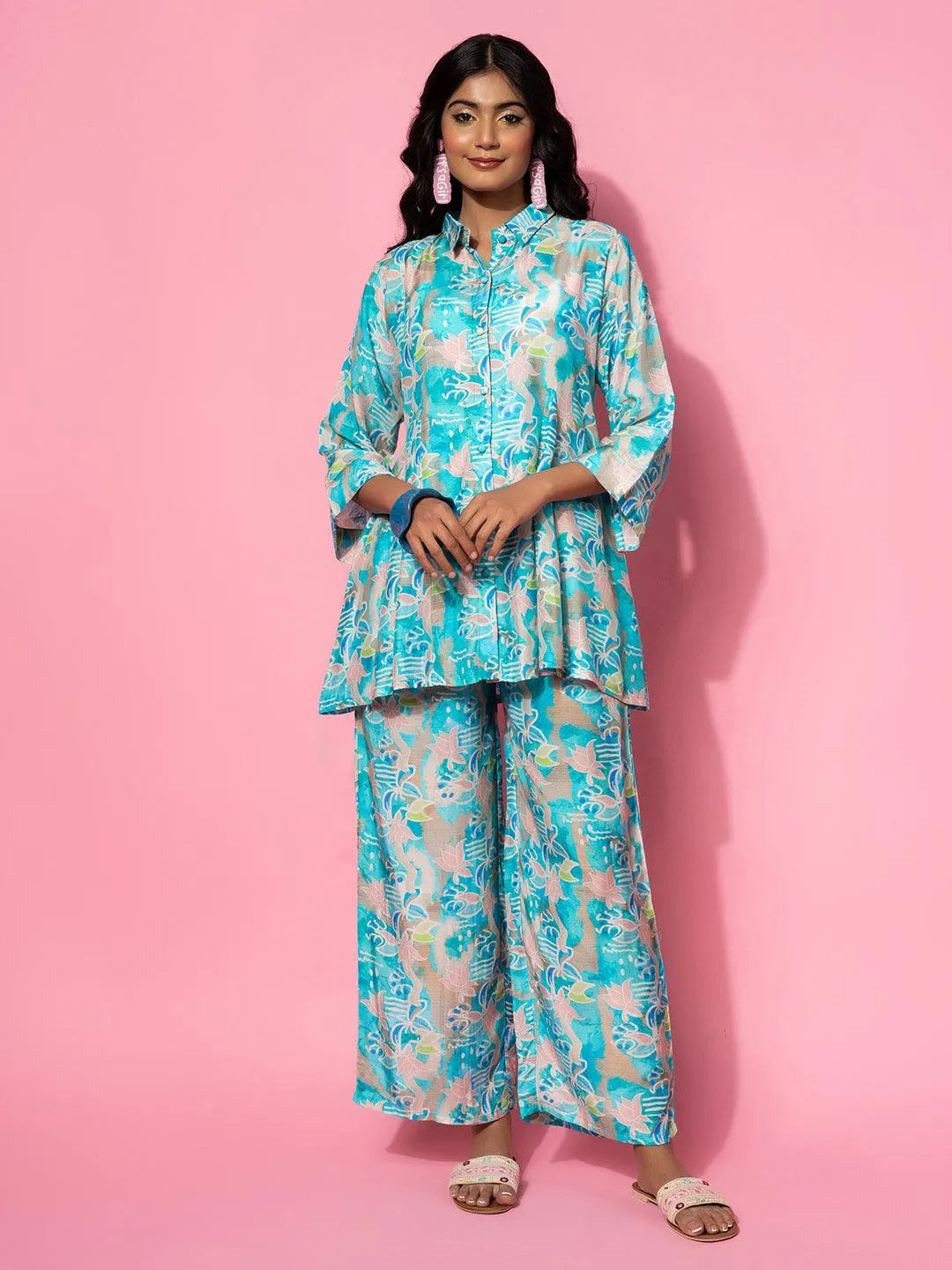 Blue Printed Silk Blend Co-Ords - Libas 