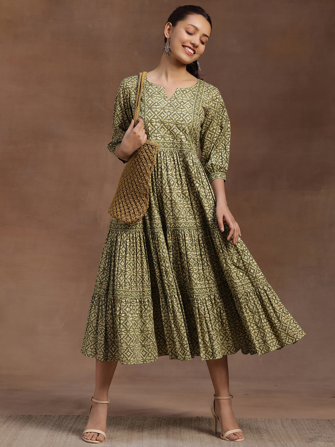 libas Green Printed Cotton A-Line Dress-picture-39