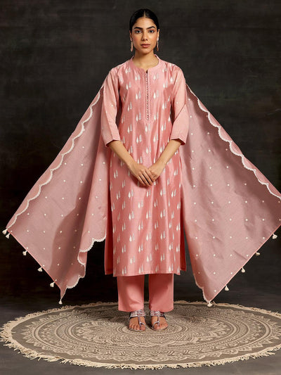 Peach Embroidered Chanderi Silk Straight Suit With Dupatta - Libas