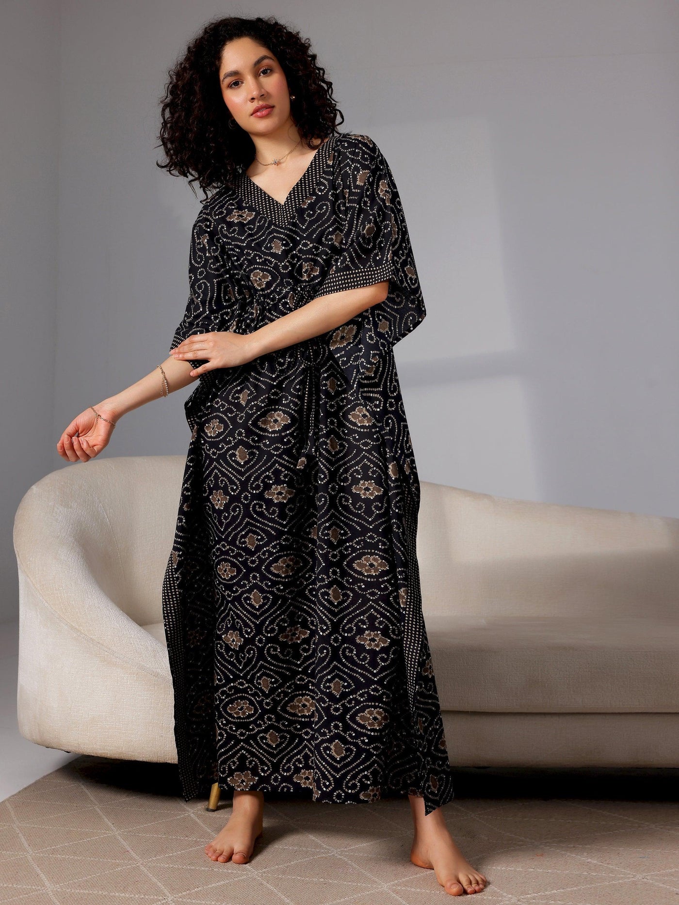 Black Printed Cotton Kaftan Night Dress - Libas