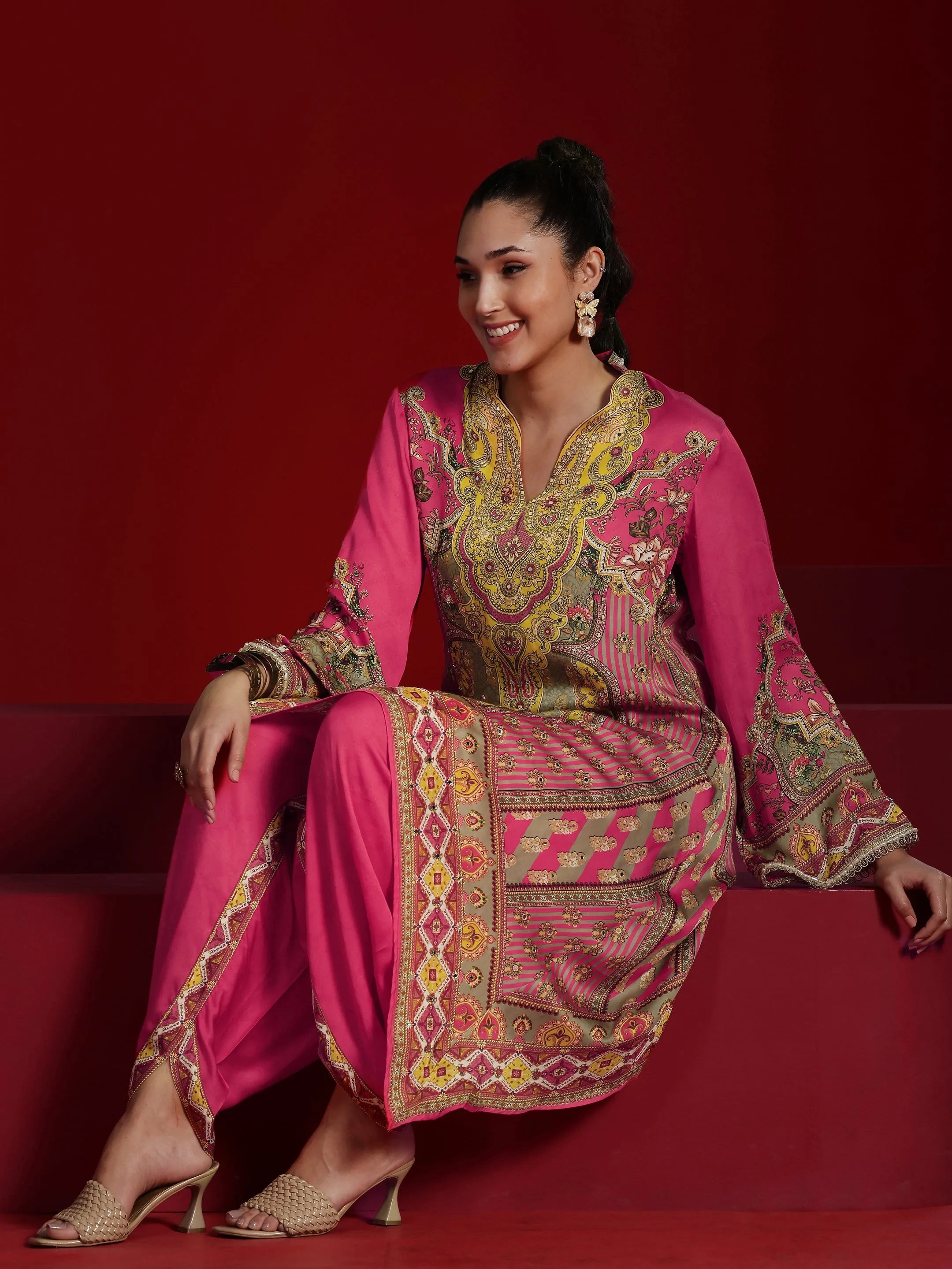 Libas Art Coral Printed Silk Blend Straight Kurta Dhoti Pants-picture-14