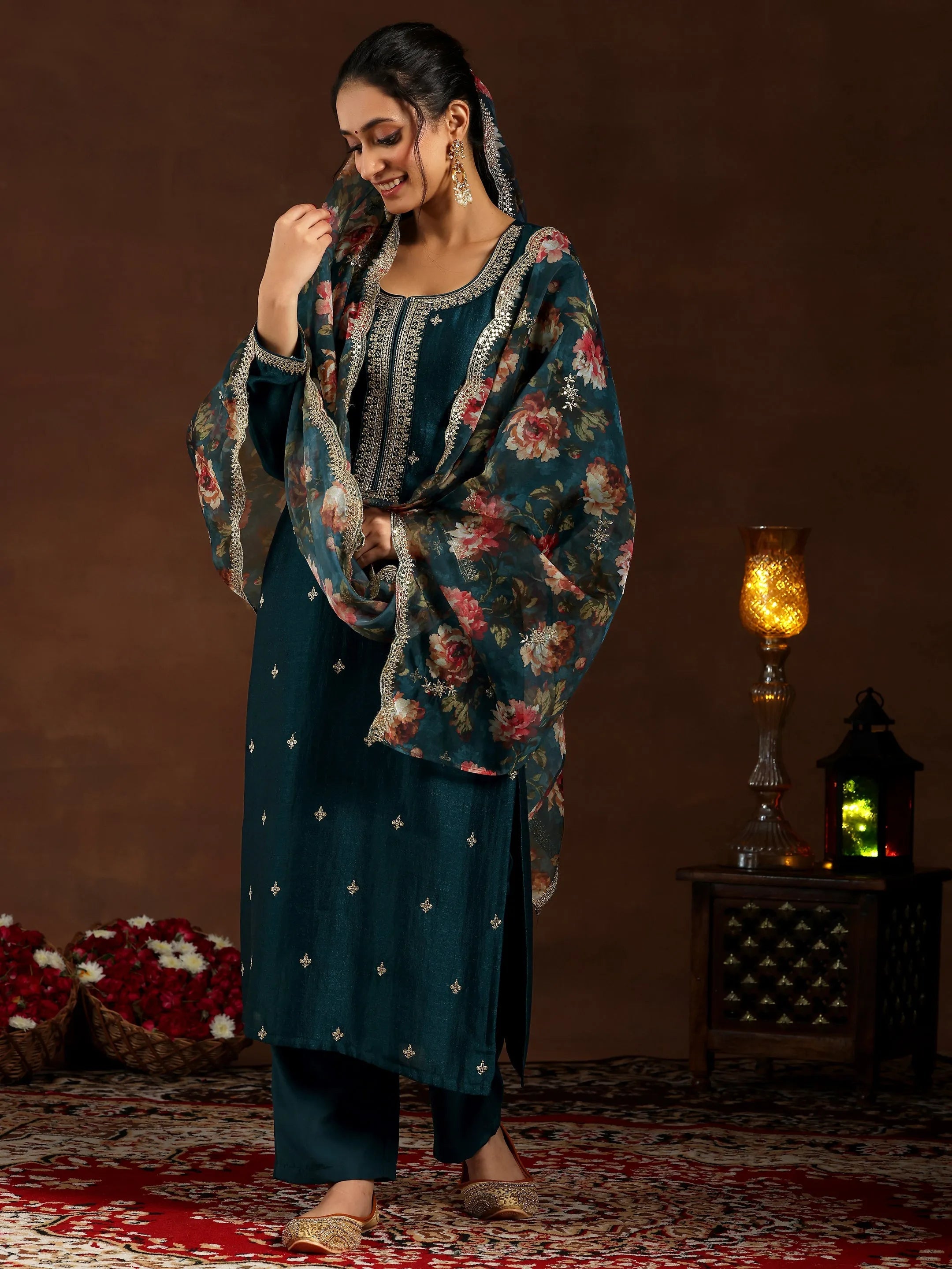 libas Teal Embroidered Silk Blend Straight Suit With Dupatta-picture-22