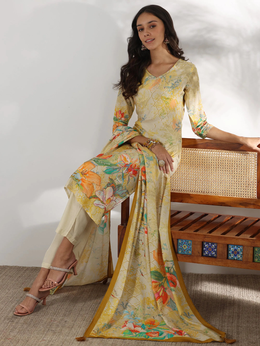 Beige Printed Muslin Straight Suit With Dupatta