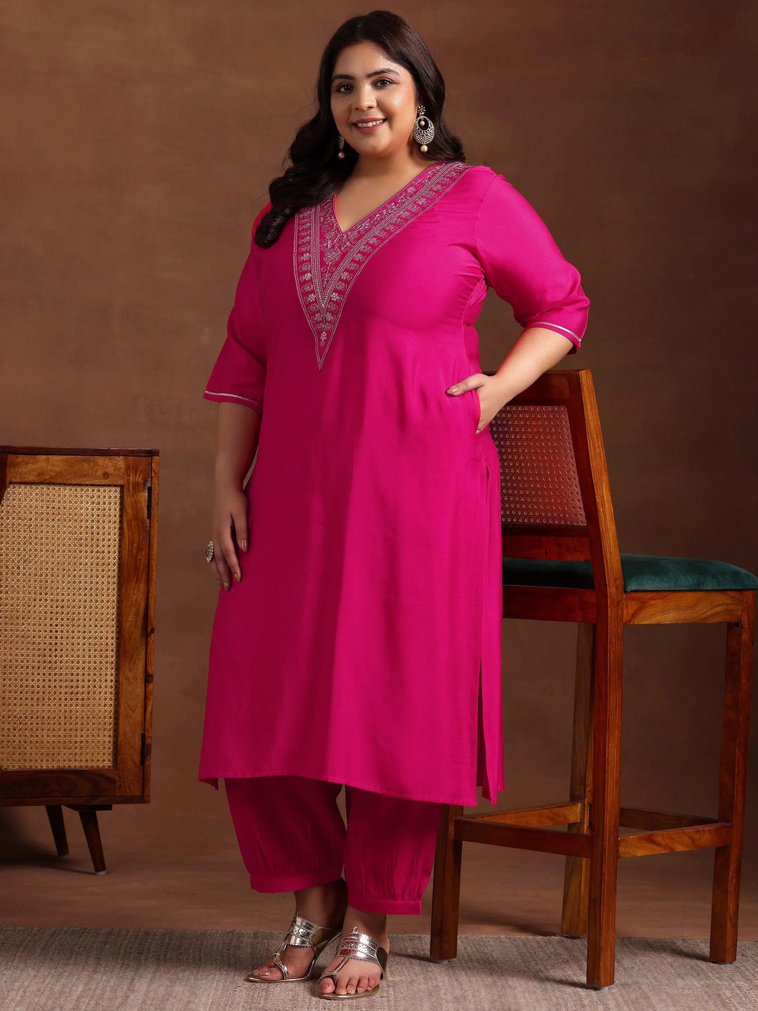 Plus Size Pink Yoke Design Silk Blend Straight Kurta Set - Libas 