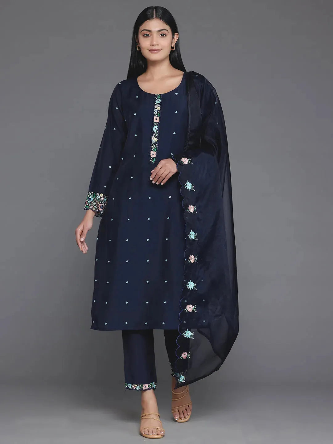  Blue Embroidered Silk Blend Straight Suit With Dupatta 