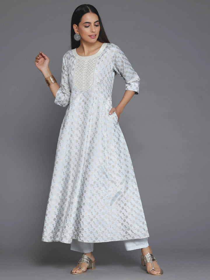 Grey Printed Silk Blend A-Line Kurta With Trousers - Libas