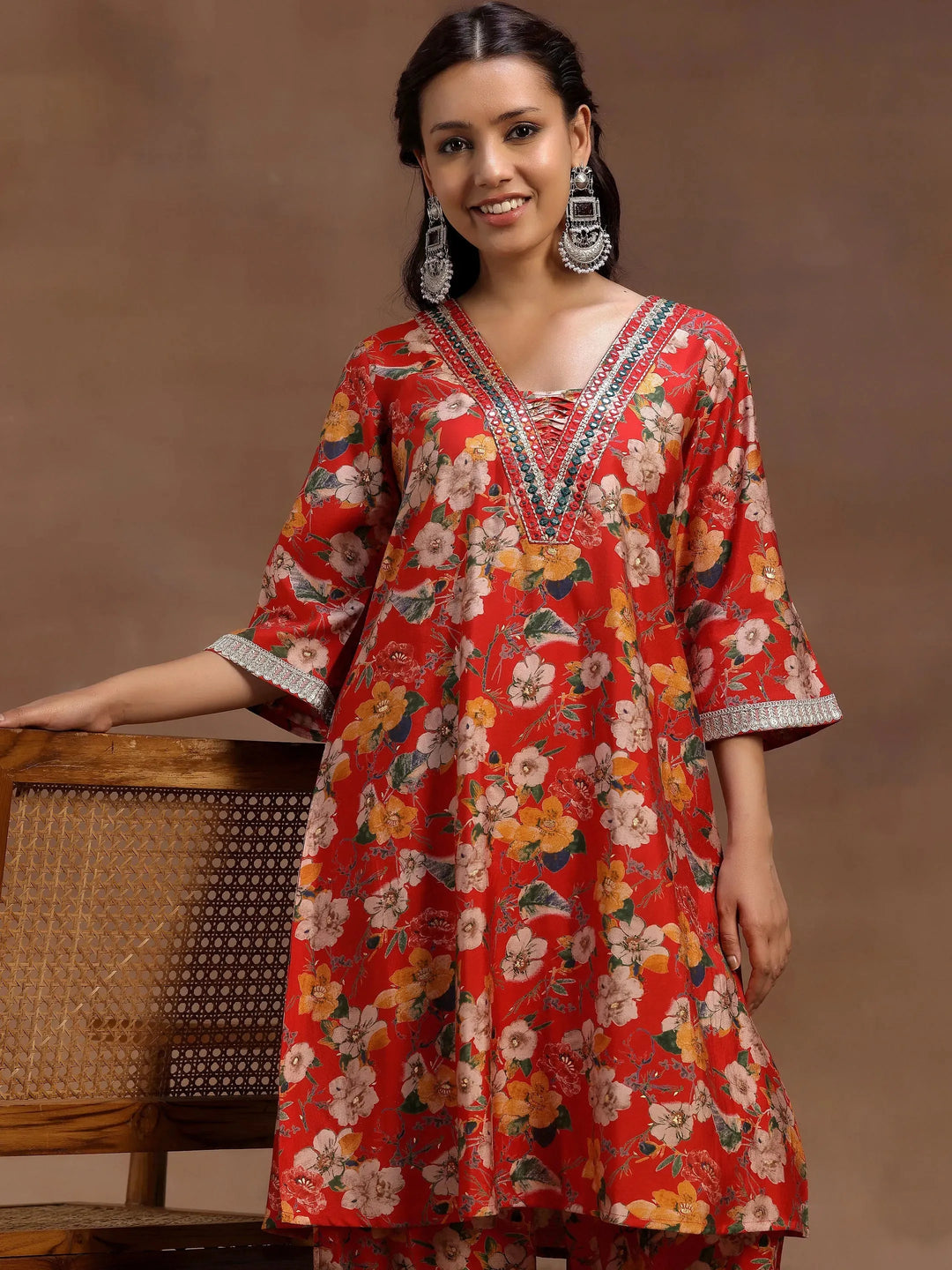  Red Printed Silk Blend Co-Ords 