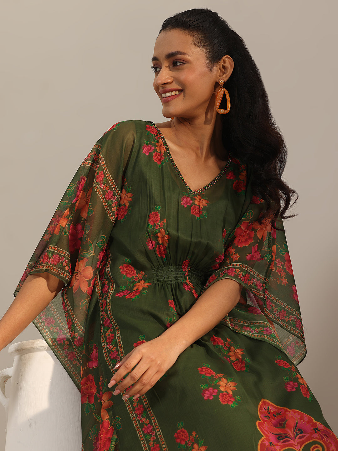 libas Green Printed Chiffon Kaftan Kurta Set-picture-43